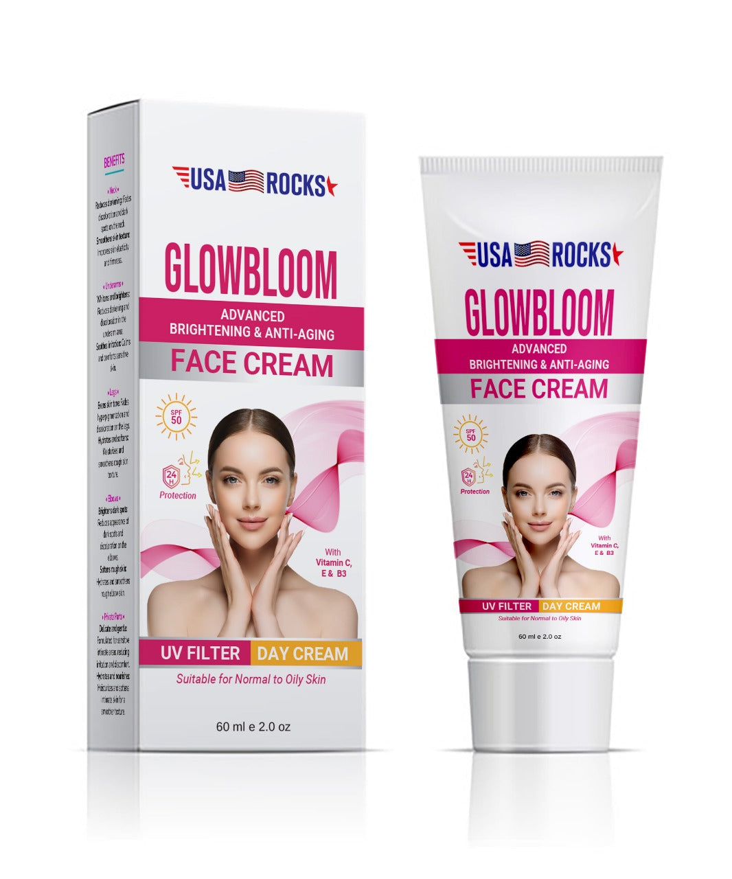 USA Rocks GlowBloom Advanced Brightening and Anti‑Aging SPF 50 Day Cream